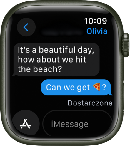 Apple Watch wyświetlający rozmowę w aplikacji Wiadomości.
