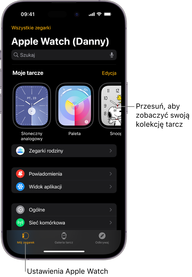 iPhone z otworzoną aplikacją Apple Watch, wyświetlającą ekran Mój zegarek. Na górze widoczne są tarcze zegarka, poniżej wyświetlane są ustawienia. Na dole ekranu aplikacji Watch znajdują się trzy karty. Pierwsza karta od lewej to Mój zegarek, dająca dostęp do ustawień Apple Watch. Następna karta to Galeria tarcz, gdzie możesz przeglądać dostępne tarcze i komplikacje. Kolejna karta to Odkrywaj, gdzie możesz dowiedzieć się więcej o Apple Watch.