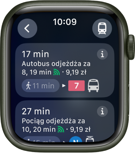 Aplikacja Mapy wyświetlająca szczegóły przejazdu transportem publicznym. W prawym górnym rogu wyświetlany jest przycisk wyboru środka transportu, a w lewym górnym — przycisk Wróć. Poniżej widoczne są dwa pierwsze etapy podróży — przejazd autobusem i przejazd pociągiem — oraz szczegółowe informacje o każdym z nich.