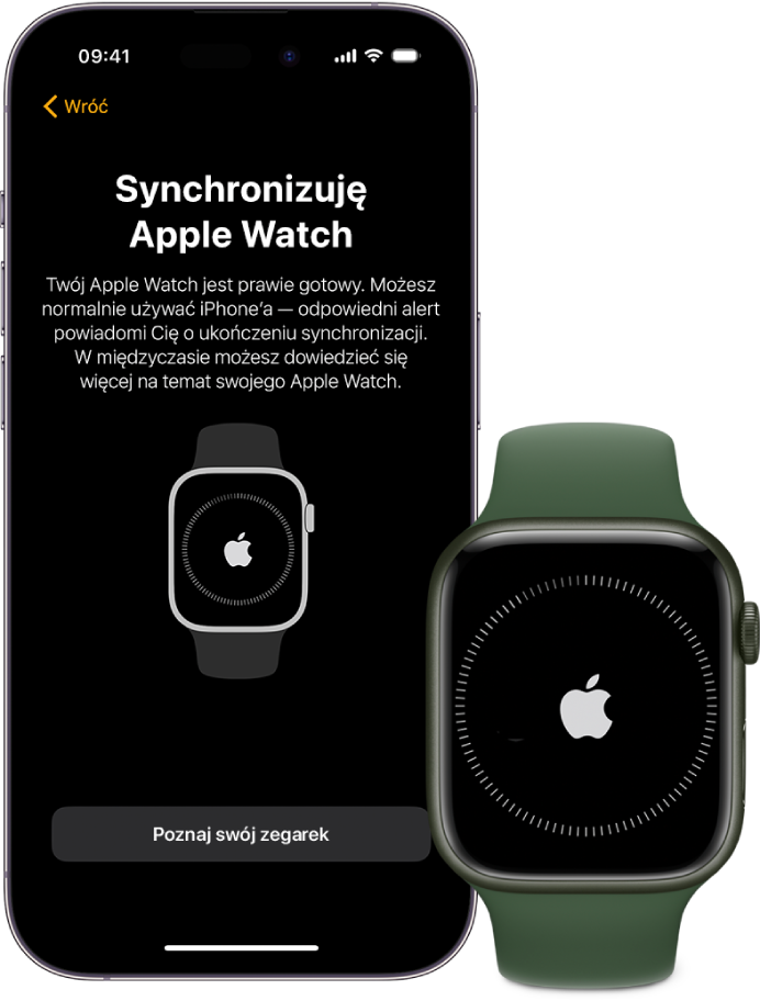 iPhone oraz Apple Watch. Na ekranie iPhone’a widoczna jest informacja „Synchronizuję Apple Watch”. Apple Watch pokazuje postęp synchronizacji.