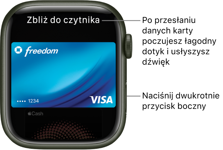 Ekran Apple Pay z widoczną na górze etykietą Zbliż do czytnika. Gdy dane karty zostaną wysłane, poczujesz delikatne stuknięcie oraz usłyszysz dźwięk.