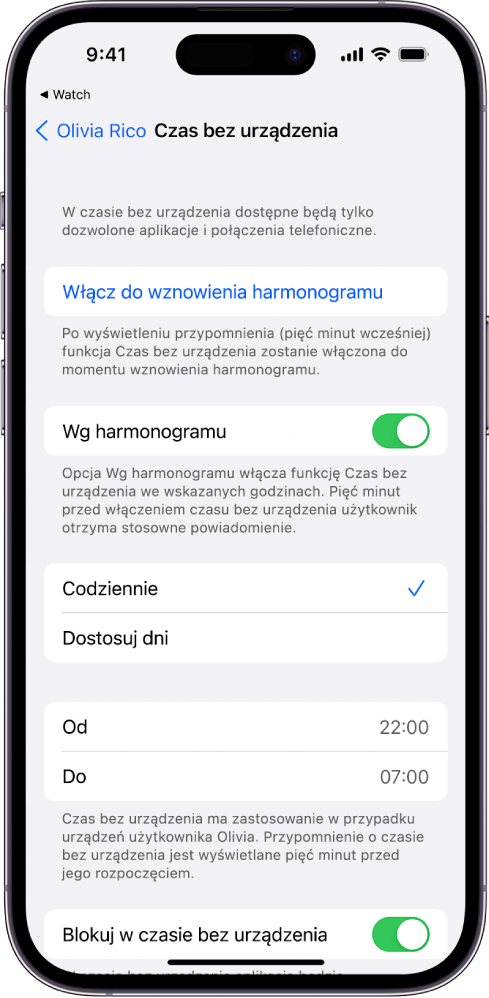 iPhone wyświetlający ekran konfiguracji funkcji Czas bez urządzenia. U góry widoczny jest przełącznik Zaplanowane. Poniżej widoczne są opcje Codziennie (wybrana) oraz Dostosuj dni. Godziny Od i Do znajdują się na środku ekranu, a przycisk Blokuj w czasie bez urządzenia jest widoczny na dole.