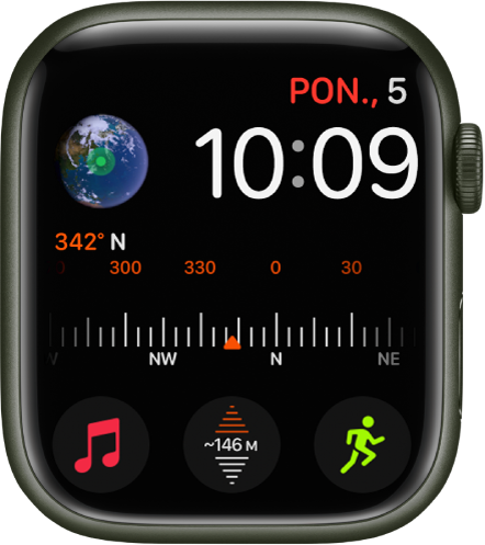 Tarcza zegarka z datą i godzinę w prawym górnym rogu oraz sześcioma komplikacjami: Ziemia (w lewym górnym rogu), Kompas (w środku) oraz Muzyka, Wysokość n.p.m. i Trening (na dole).