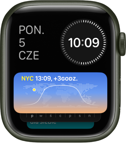Stos inteligentny na Apple Watch wyświetlający trzy widżety: Dzień i data (w lewym górnym rogu), Czas (cyfrowy) (w prawym górnym rogu) oraz Zegary świata (na środku).