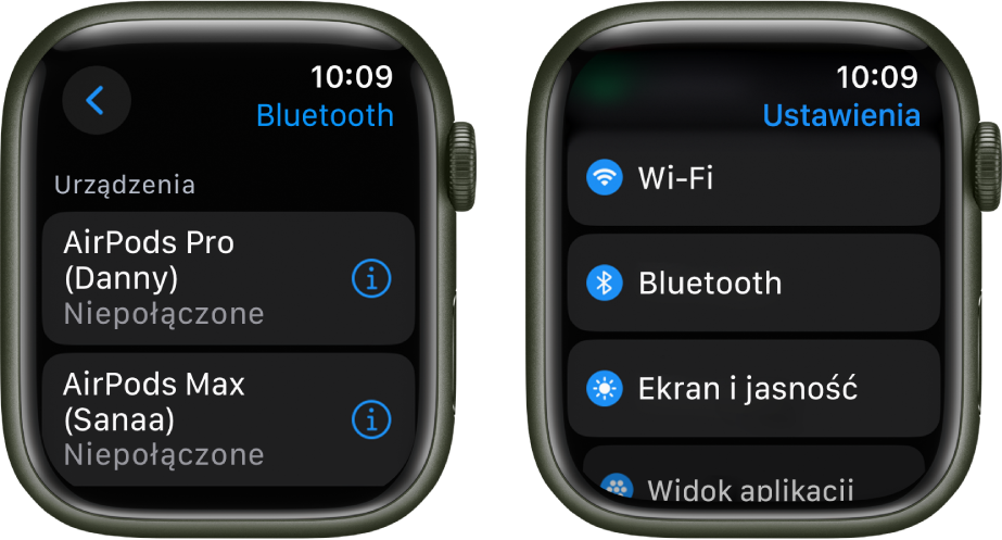 Dwa ekrany obok siebie. Po lewej stronie znajduje się ekran z dwoma dostępnymi urządzeniami Bluetooth: AirPods Pro oraz AirPods Max, z których żadne nie jest połączone. Po prawej stronie znajduje się ekran Ustawienia. Widoczna jest na nim lista przycisków: Wi‑Fi, Bluetooth, Ekran i Jasność oraz Widok aplikacji.