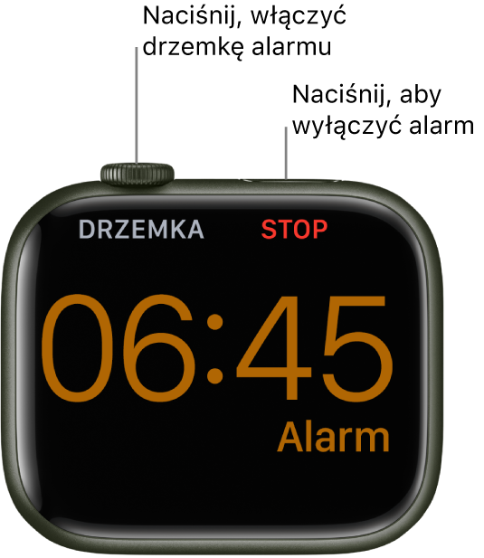 Apple Watch umieszczony na boku, z ekranem pokazującym włączony alarm. Poniżej Digital Crown znajduje się słowo „Drzemka”. Poniżej przycisku bocznego znajduje się słowo „Zatrzymaj”.