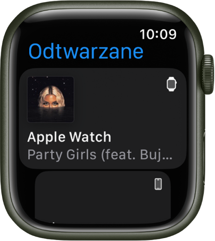Aplikacja Odtwarzane wyświetlająca listę urządzeń. Na górze listy widoczna jest muzyka odtwarzana na Apple Watch. Poniżej widoczna jest pozycja „iPhone”.
