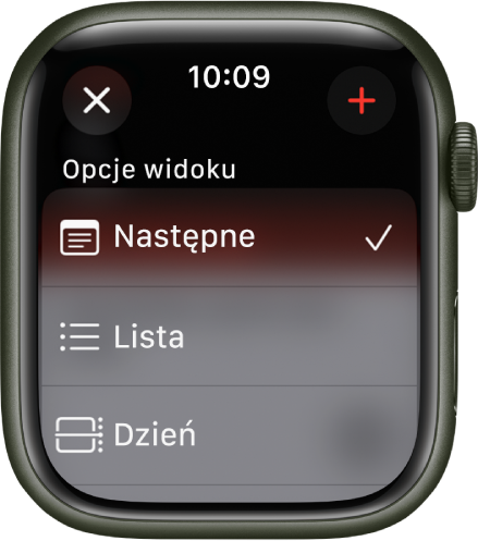 Ekran aplikacji Kalendarz z opcjami widoku: Następne, Lista i Dzień. W prawym górnym rogu znajduje się przycisk dodawania.