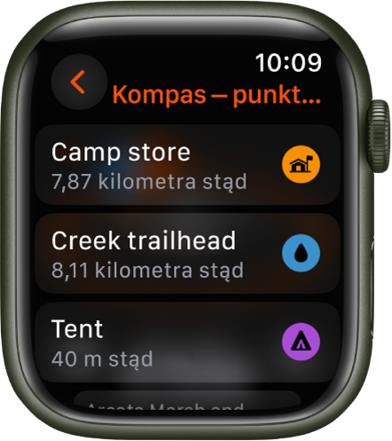 Aplikacja Kompas wyświetlająca listę punktów trasy.