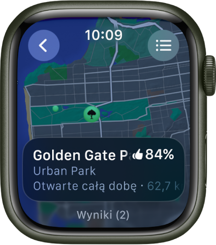 Aplikacja Mapy wyświetlająca mapę parku Golden Gate Park w San Francisco wraz z oceną parku, godzinami otwarcia oraz odległością od Twojego bieżącego położenia. W prawym górnym rogu znajduje się przycisk Trasy. W lewym górnym rogu widoczny jest przycisk Wróć.