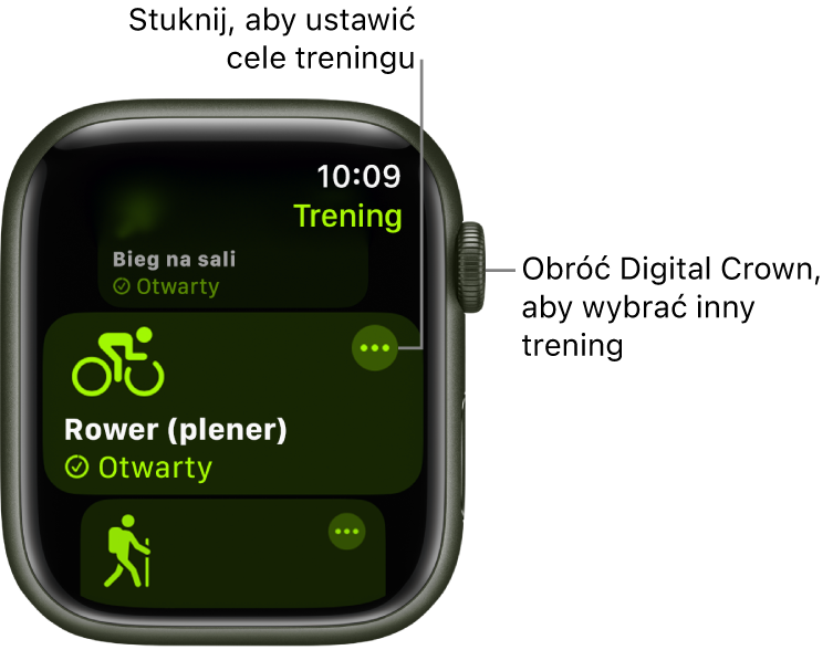 Ekran aplikacji Trening z wyróżnionym treningiem Rower (plener). W prawym górnym rogu kafelka treningu widoczny jest przycisk Więcej.