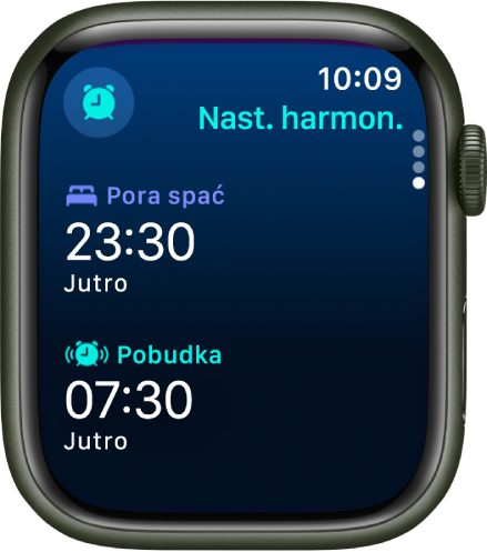 Aplikacja Sen na Apple Watch, wyświetlająca harmonogram snu na najbliższy wieczór. Czas spać wyświetlany jest na górze, pod nim znajduje się czas pobudki.