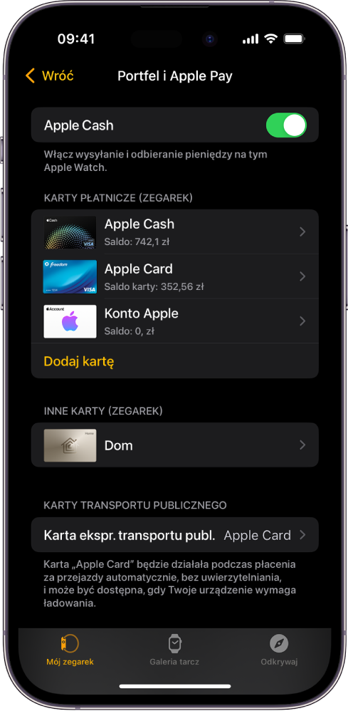 Ekran Portfel i Apple Pay w aplikacji Apple Watch na iPhonie. Ekran zawiera karty dodane do Apple Watch oraz kartę wybraną jako kartę ekspresową transportu publicznego.