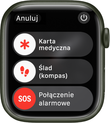 Ekran Apple Watch z trzema suwakami: Karta medyczna, suwak funkcji Ślad oraz Połączenie alarmowe. W prawym górnym rogu znajduje się przycisk zasilania.