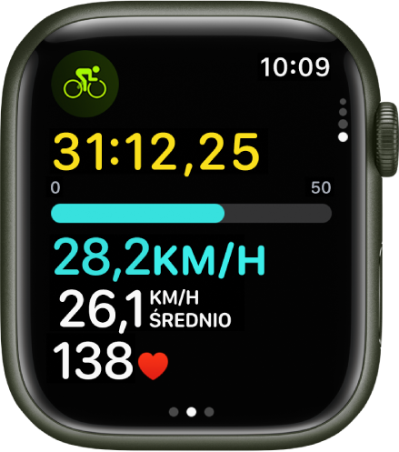 Ekran aplikacji Trening wyświetlający pomiary treningu Rower (plener).