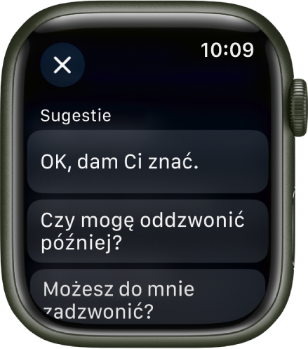 Aplikacja Poczta wyświetlająca trzy sugerowane odpowiedzi.