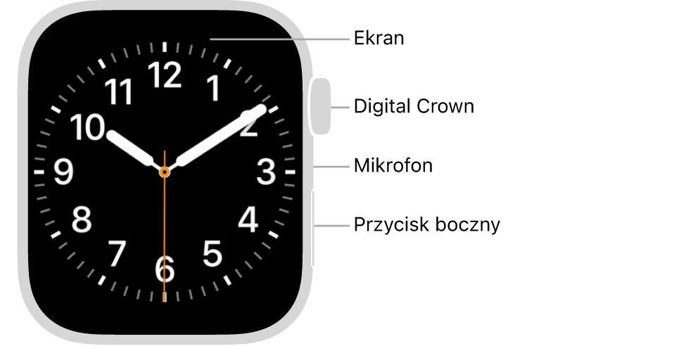 Apple Watch Series 9 widziany z przodu. Na ekranie wyświetlana jest tarcza zegarka. Z boku, od góry, znajdują się: Digital Crown, mikrofon oraz przycisk boczny.