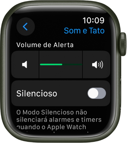 Ajustes de “Som e Tato” no Apple Watch, com o controle de “Volume de Alerta” na parte superior e o controle do Modo Silencioso abaixo.
