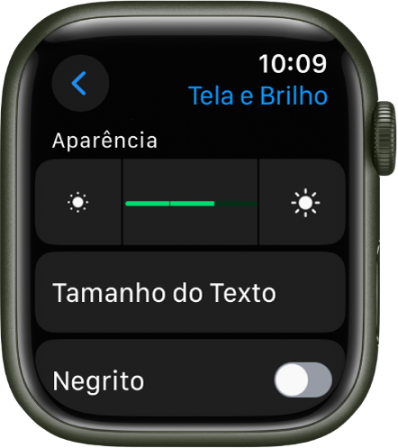 Ajustes de Tela e Brilho no Apple Watch, com o controle deslizante de Brilho na parte superior e o botão Tamanho do Texto abaixo.