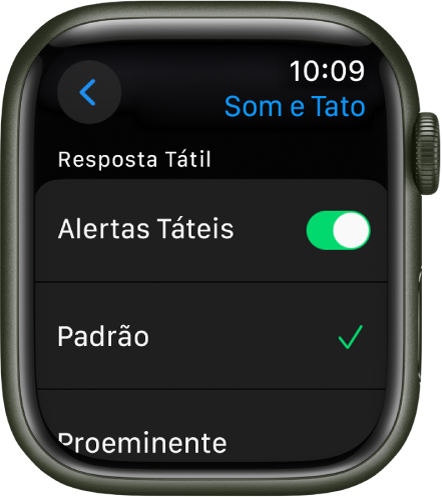 Ajustes de “Som e Tato” no Apple Watch, com o seletor de Alertas Táteis e as opções Padrão e Proeminente abaixo.
