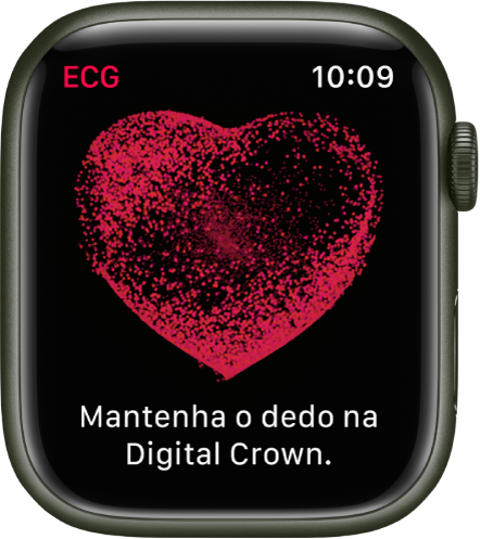App ECG mostrando a imagem de um coração com a frase “Mantenha o dedo na Digital Crown”.