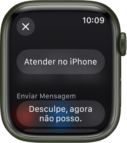 App Telefone mostrando opções ao receber uma ligação. O botão “Atender no iPhone” está na parte superior e há uma resposta sugerida abaixo.