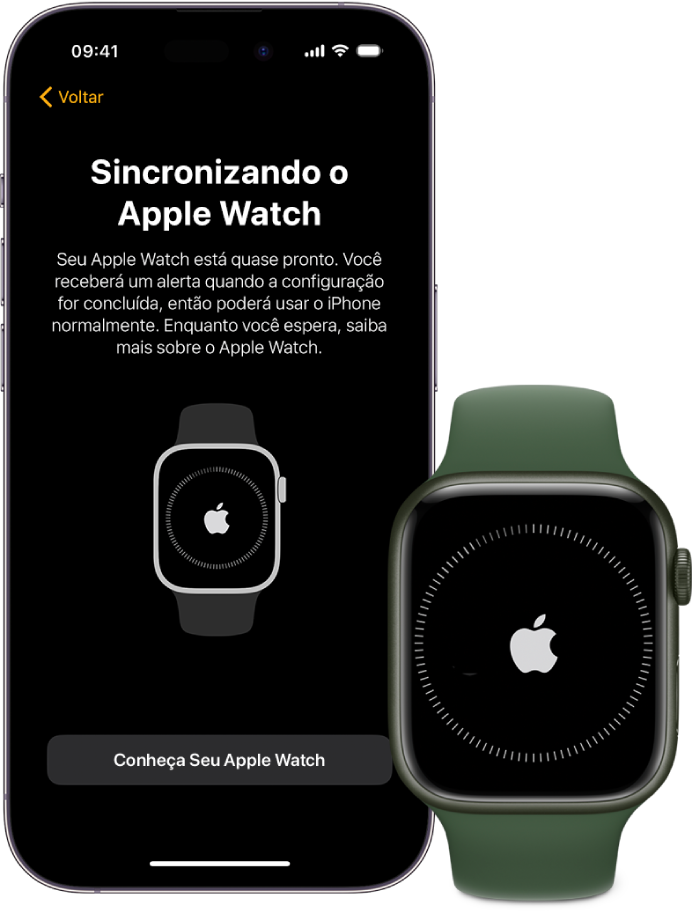 Um iPhone e um Apple Watch mostrando suas telas de sincronização.