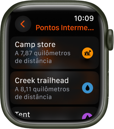 App Bússola mostrando uma lista de pontos intermediários.