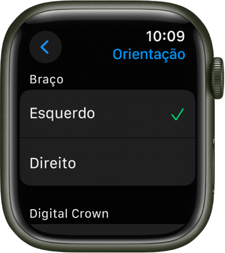 A tela Orientação no Apple Watch. É possível definir o braço e a preferência da Digital Crown.