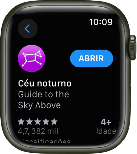 Um app sendo exibido na App Store no Apple Watch.
