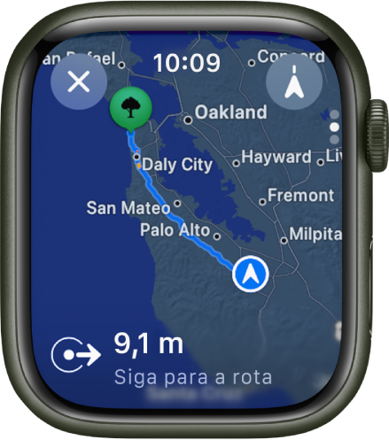 App Mapas mostrando uma visão geral de itinerários de carro. A primeira parte da viagem aparece na parte inferior.