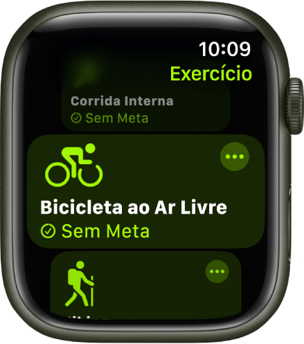 A tela Exercício com o exercício Bicicleta ao Ar Livre destacado. O botão Mais encontra-se na parte superior direita do mosaico do exercício.