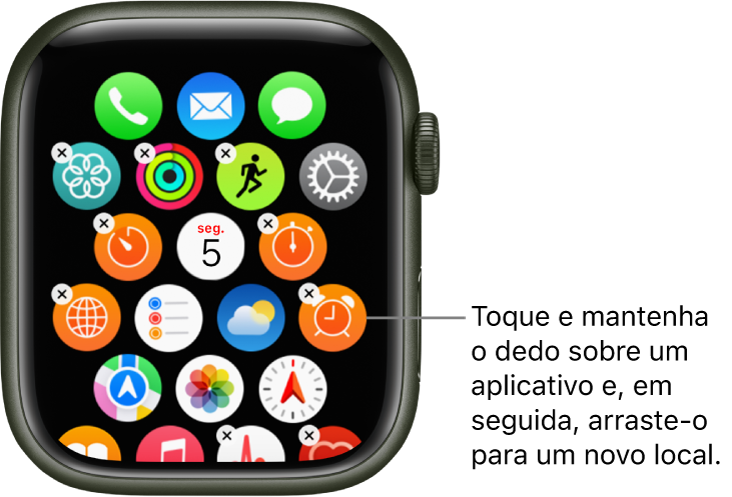 Tela de Início do Apple Watch na visualização em grade.