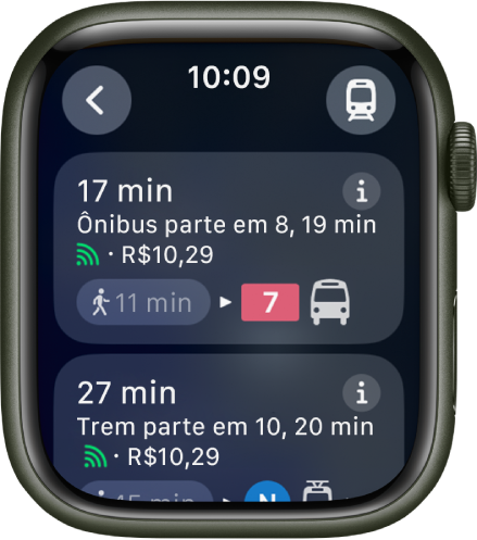 App Mapas mostrando os detalhes de um percurso de transporte público. O botão Modo Transporte está na parte superior direita e o botão Voltar está na parte superior esquerda. Abaixo estão as duas primeiras partes do percurso — uma viagem de ônibus e uma trem — com detalhes sobre cada uma.