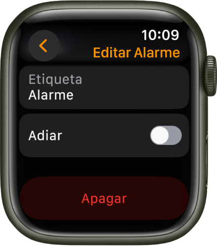 Tela Editar Alarme, com o botão Apagar na parte inferior.