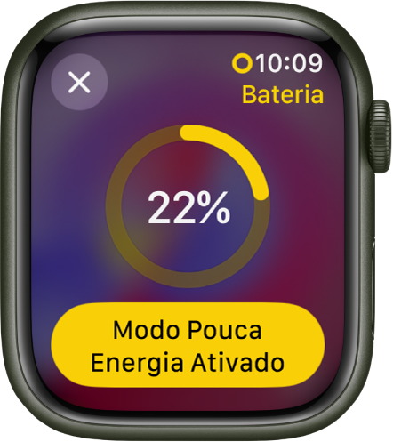 A tela do Modo Pouca Energia com um círculo parcialmente amarelo que indica a carga restante. 22 por cento aparece no meio do círculo. O botão do Modo Pouca Energia Ativado está na parte inferior. O botão Fechar está na parte superior esquerda.