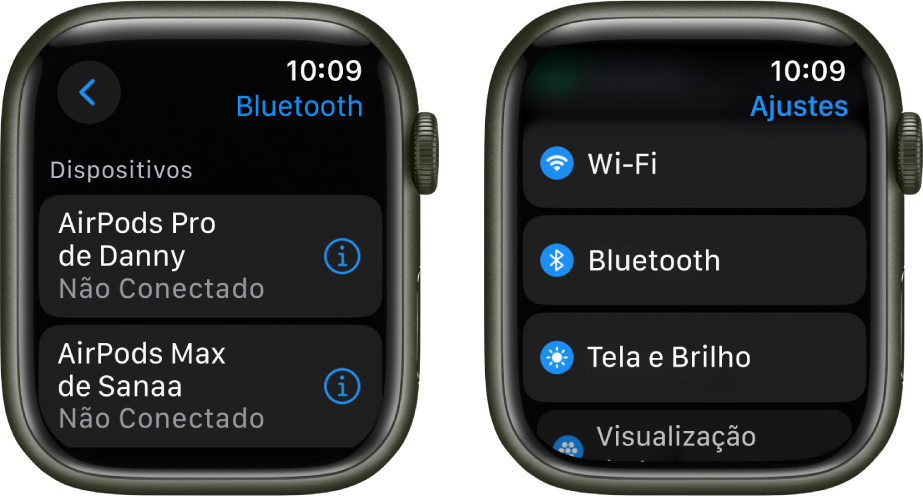 Duas telas lado a lado. À esquerda está uma tela que lista dois dispositivos Bluetooth disponíveis: AirPods Pro e AirPods Max, embora nenhum dos dois esteja conectado. À direita, a tela Ajustes, mostrando os botões Wi‑Fi, Bluetooth, Tela e Brilho, e Visualização de Apps em uma lista.
