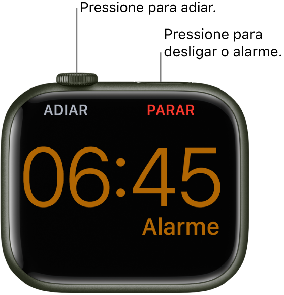 Apple Watch posicionado de lado, com a tela mostrando um alarme acionado. Abaixo da Digital Crown, lê-se “Adiar”. A palavra “Parar” aparece abaixo do botão lateral.