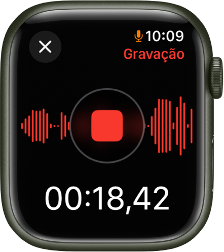 O app Gravações durante uma gravação. O botão Parar vermelho está no meio. Abaixo, o tempo de gravação decorrido. A palavra Gravação aparece na parte superior direita.