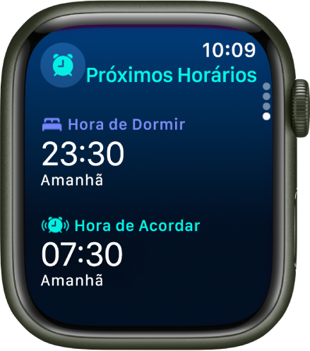 App Sono no Apple Watch mostrando os horários de sono da noite. Hora de Dormir aparece na parte superior e Hora de Acordar está abaixo.