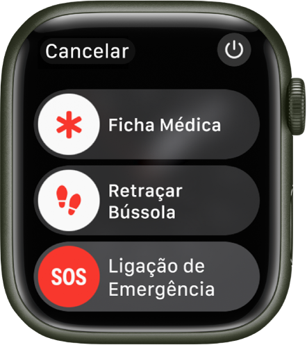Tela do Apple Watch mostrando três controles: Ficha Médica, Retraçar Bússola e Ligação de Emergência. O botão de Força encontra-se na parte superior direita.