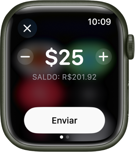 Tela do app Mensagens mostrando um pagamento do Apple Cash sendo preparado. A quantidade em dólar encontra-se na parte superior. O saldo atual está abaixo e o botão Enviar está na parte inferior.