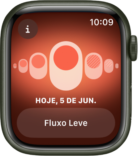 Apple Watch mostrando a tela do app Acompanhamento de Ciclo.
