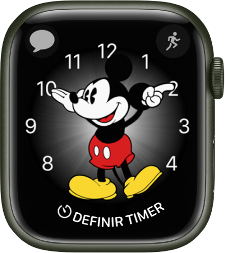 Mostrador Mickey Mouse, onde várias complicações podem ser adicionadas. Ele mostra três complicações: Mensagens na parte superior esquerda, Exercício na parte superior direita e Timer na parte inferior.