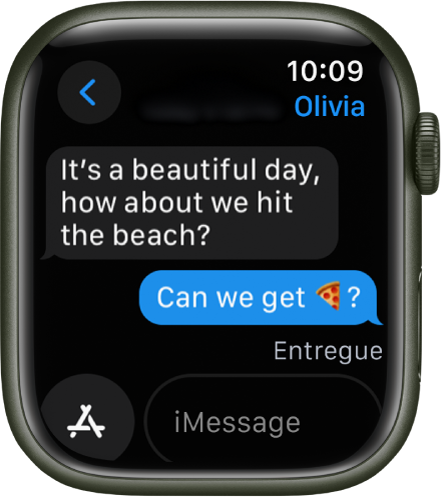 Uma conversa de mensagens. O botão App e o campo de mensagem estão na parte inferior.