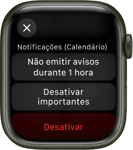 Definições de notificação no Apple Watch. O botão superior apresenta “Não emitir avisos durante 1 hora”. Por baixo estão botões “Desativar urgentes” e “Desativar”.
