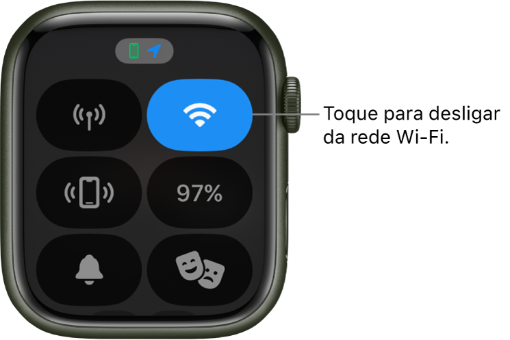 A central de controlo no Apple Watch (GPS + Cellular) com o botão Wi-Fi no canto superior direito. A chamada diz: “Toque para desligar da rede Wi-Fi.”