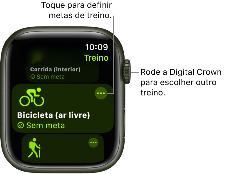 O ecrã Treino com o treino de bicicleta ao ar livre destacado. Um botão Mais no canto superior direito do mosaico de treino.