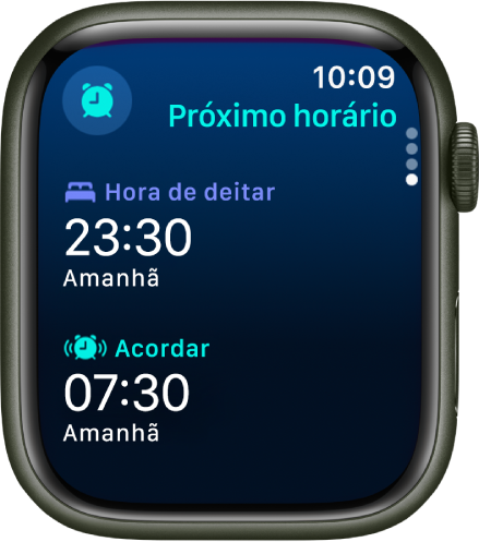 A aplicação Sono no Apple Watch, com o horário de sono da noite. A hora de deitar aparece na parte superior e a hora de acordar por baixo.