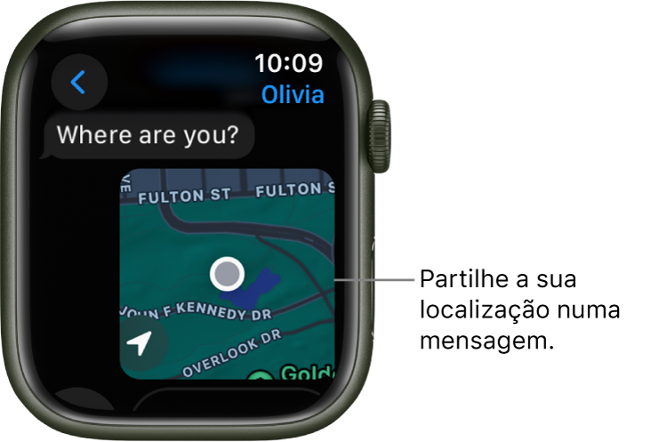 A aplicação Mensagens a mostrar um mapa com a localização de uma pessoa assinalada.